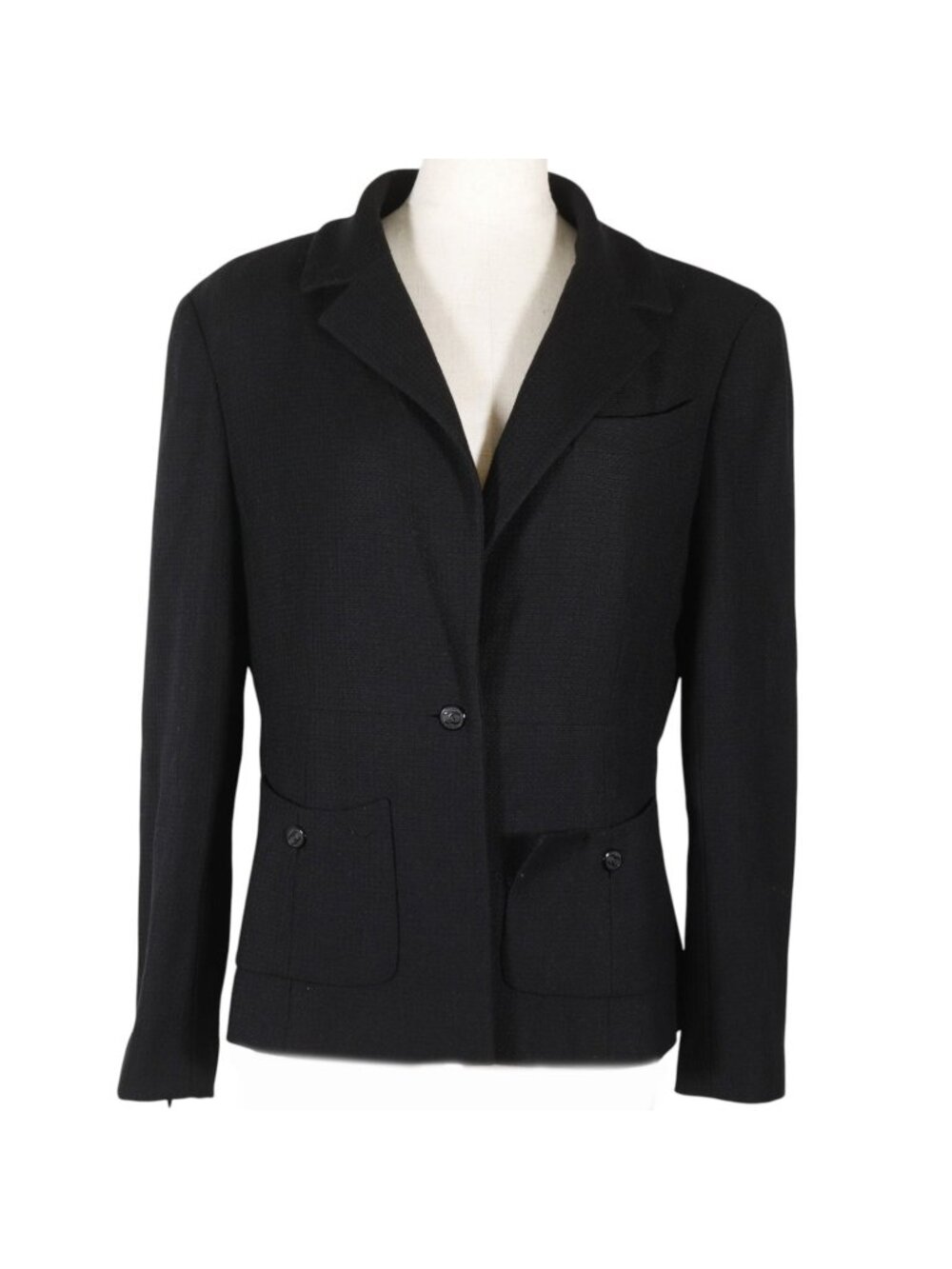 Chanel CC Logo Button 03P Wool Silk Black Tailored Jacket